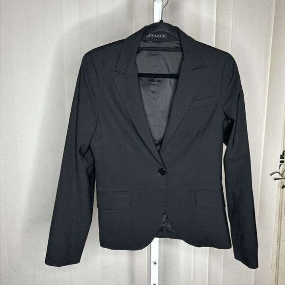 Theory Womens Jacket Black Blazer Wool Blend Stretch Lined Shoulder Pads Size 8 - Picture 1 of 8